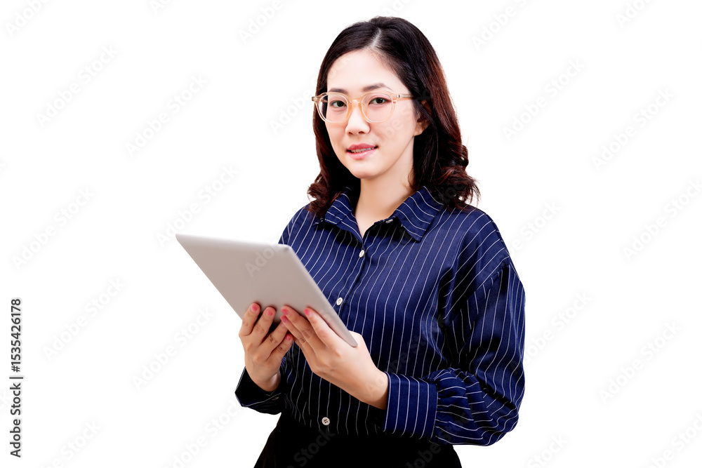 Asian confident young beautiful woman wearing glasses and a striped shirt holds a tablet, looking ahead with a slight smile. Asian confident young beautiful woman wearing glasses and a striped shirt holds a tablet, looking ahead with a slight smile.