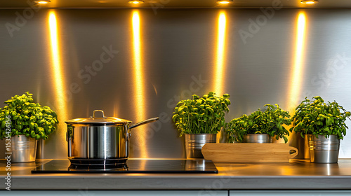 Modern kitchen setting with stainless steel backsplash, warm lighting, basil plants, and a pot on an induction cooktop. Perfect for culinary, home décor, or lifestyle themes.