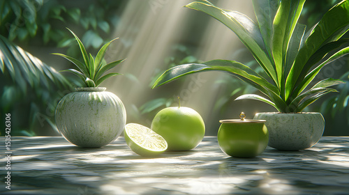 Serene still life featuring limes, potted plants, and sunlit marble.  Perfect for spa, wellness, or healthy lifestyle themes.