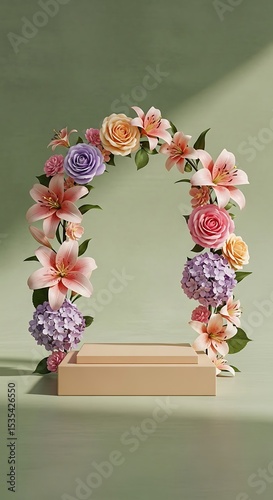 Elegant floral archway surrounding a podium perfect for product display and presentation purposes