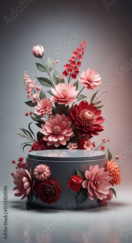 Elegant floral arrangement of pink and red flowers beautifully decorating a gray pedestal.