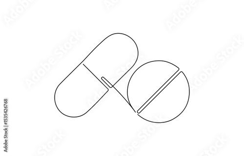 single continuous line capsule tablets line art vector illustration with, Hand holding tablet one line art style. Vector illustration on white background.