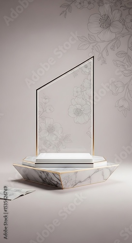 Elegant floral display featuring a modern geometric pedestal and minimalist design elements.