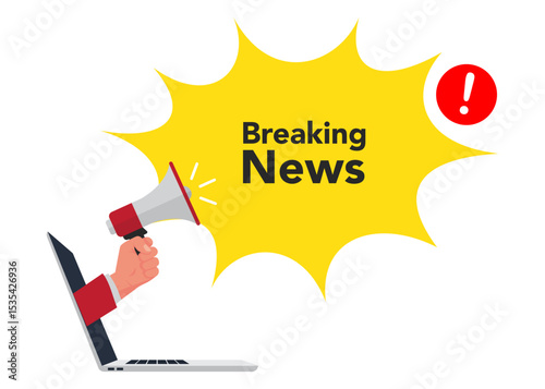 Breaking news alert megaphone and laptop stock illustration