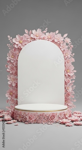 Elegant floral podium and archway with pink paper flowers for product display or background