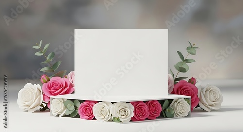 Elegant floral display with white blank podium and beautiful pink and white roses