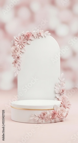 Elegant floral product display featuring a white pedestal and arch with soft pink paper flowers