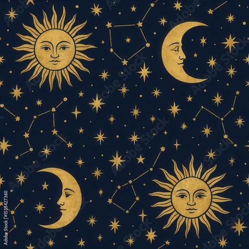 Vintage celestial pattern featuring golden sun, moon, stars, and constellations on dark blue.