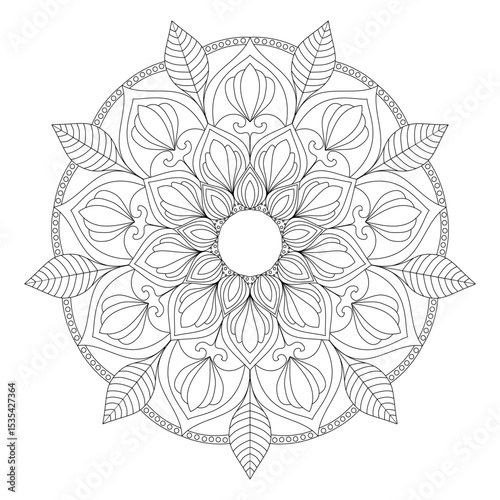 Mandala Coloring Page - Elegant Mandala Design with Leaf Patterns - Sophisticated Mandala Art for Adult Coloring Books - Printable Botanical Mandala with Swirl Details