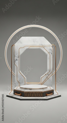 Elegant marble product display podium with geometric design and luxurious gold accents