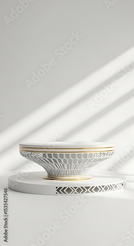 Elegant white and gold pedestal display with geometric design and shadow light