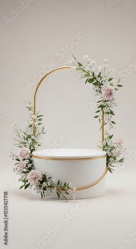 Elegant white pedestal with gold accents and delicate floral arrangement for display