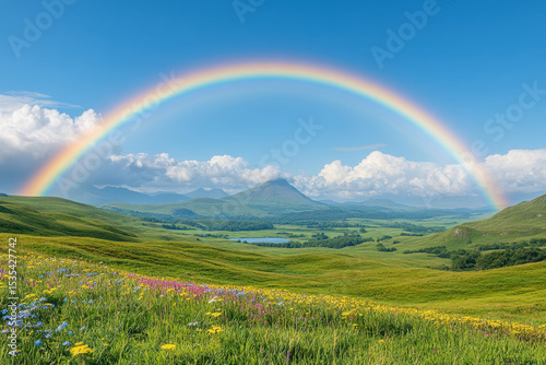 Rainbow arching over lush valley with flowers, mountains in background.