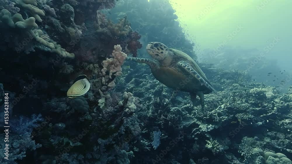 A hawksbill sea turtle (Eretmochelys imbricata) bites into hard coral with its sharp beak. Close-up side view, reef environment. Check my portfolio for more hawksbill footage.