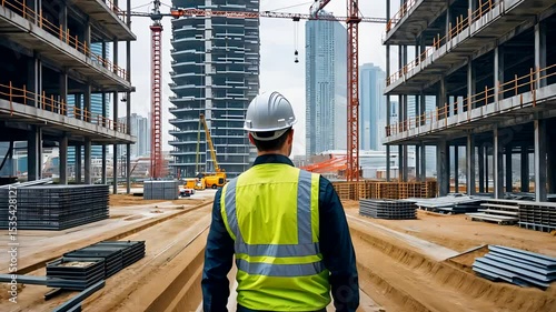 Construction worker in safety gear overseeing high-rise building site with cranes and structural framework
