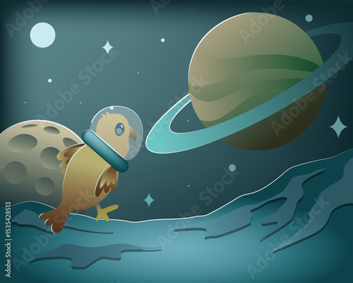 Illustration of an astronaut bird in space