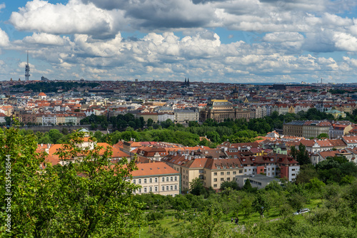 Aerial view of Prague historical center. Mala Strana, Nove Mesto, Zizkov TV tower