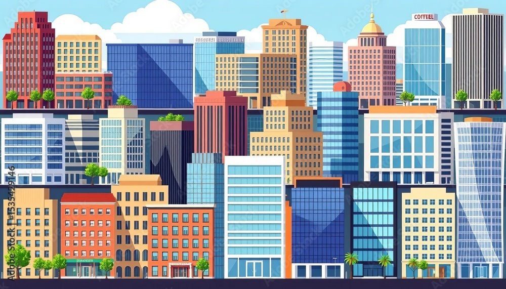 Fototapeta premium Collection of diverse flat-style office buildings, various architectural styles, city illustration, flat, tower