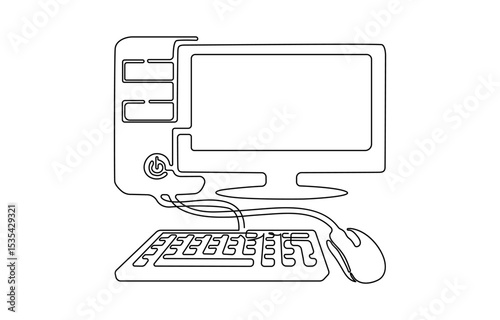 Continuous single one line of Computer and its accessories like PC monitor and keyboard ,  Black and white vector minimalistic linear illustration, Blank digital display line art mockup.