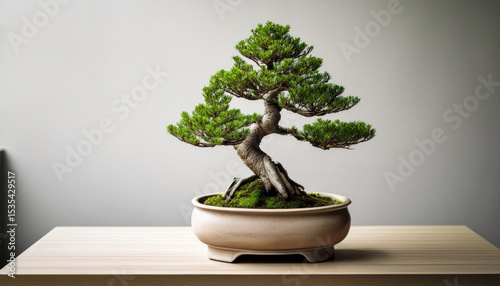 Serene evergreen bonsai tree in ceramic pot, showcasing vitality and tranquility, perfect for indoor life and zen decor