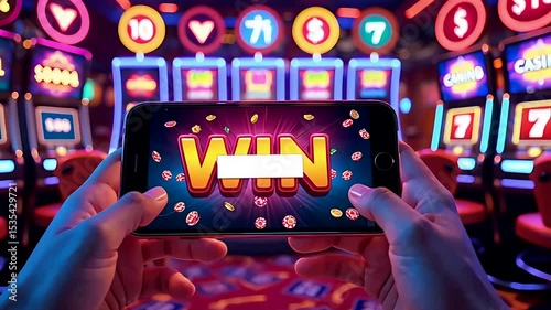 Hands holding smartphone showing casino slot machine win with bright symbols and neon lights in background