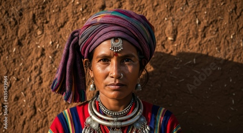 Portrait of nepalese woman with traditional jewelry and clothing culture