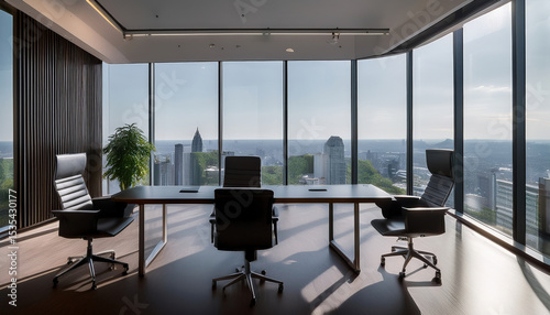 Modern executive office with floor to ceiling windows, sleek furniture, and stunning city view, exuding corporate luxury and professionalism