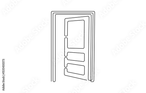 A modern line art depiction of an open door in one continuous line, Open door one line illustration,  one continuous line drawing of opened door.