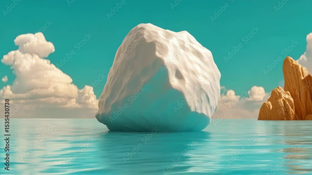 A large white iceberg floats in a calm, turquoise sea, with a rocky coastline in the distance.