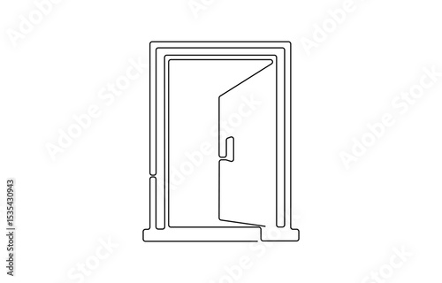 A modern line art depiction of an open door in one continuous line, Open door one line illustration,  one continuous line drawing of opened door.