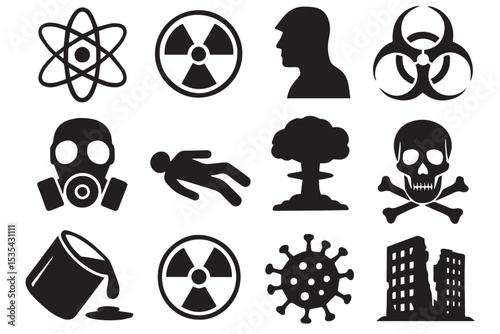 A collection of hazardous apocalyptic symbols representing nuclear, biological, and chemical threats, including skulls, biohazard, and radioactive icons