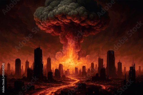 A massive nuclear explosion devastates a city skyline, sending a fiery shockwave through the ruins of tall, burning buildings and darkened streets