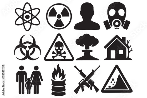 A set of warning symbols illustrating global dangers like radiation, nuclear explosions, biohazards, and hazardous waste, highlighting a post apocalyptic world