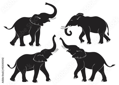 Black and white silhouettes of elephants in different poses suitable for various design projects