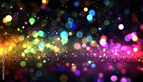 Vibrant, colorful bokeh lights and glittering particles