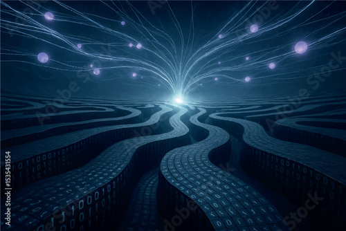 A surreal digital landscape with winding pathways made of binary code, leading to a bright light, symbolizing data flow and neural connections in a futuristic world