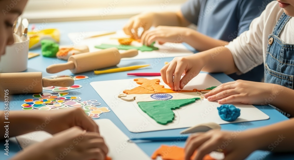 Fototapeta premium Children crafting india map with playdough education art project activity
