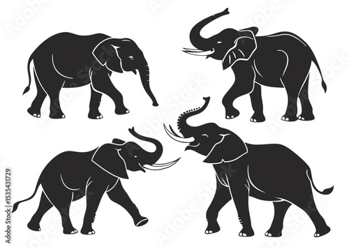 Elegant silhouette illustrations of african elephants in various poses on a white background