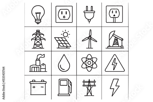 A collection of energy related icons including power outlets, solar panels, wind turbines, batteries, and nuclear energy, symbolizing various energy sources, icon set