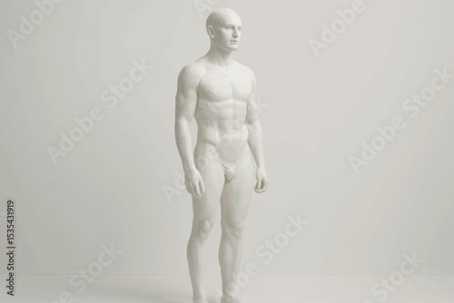 White plaster statue of a male human figure with detailed muscular form, showcasing an anatomical study with perfect posture and serene expression, isolated on a neutral backdrop