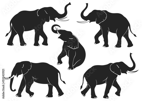 Five silhouetted elephants in various poses isolated on a white background representing wildlife