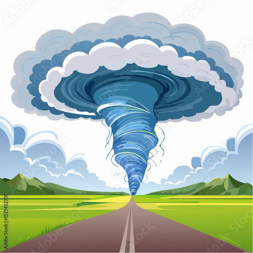 Vector illustration, Incredible supercell spinning across wide country, sky full of dark storm clouds