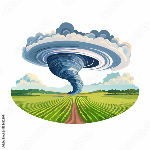 Vector illustration, Incredible supercell spinning across wide country, sky full of dark storm clouds