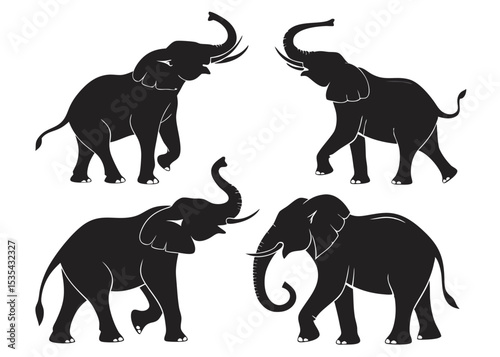Silhouette collection of african elephants displaying different poses for design projects