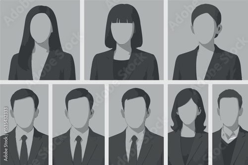 faceless corporate figures in gray scale with neutral expressions symbolizing teamwork, anonymity, and professionalism icon set
