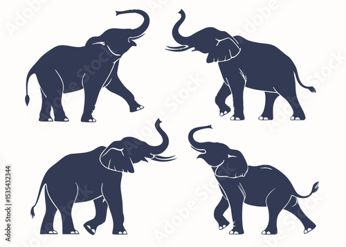 Silhouette illustration of four elephants in various poses against a neutral background