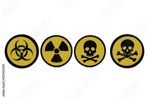 Hazard symbols collection for biohazard, radioactive, poison, and warning icons used in health and safety, vector icon set