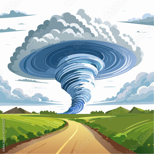 Vector illustration, Incredible supercell spinning across wide country, sky full of dark storm clouds