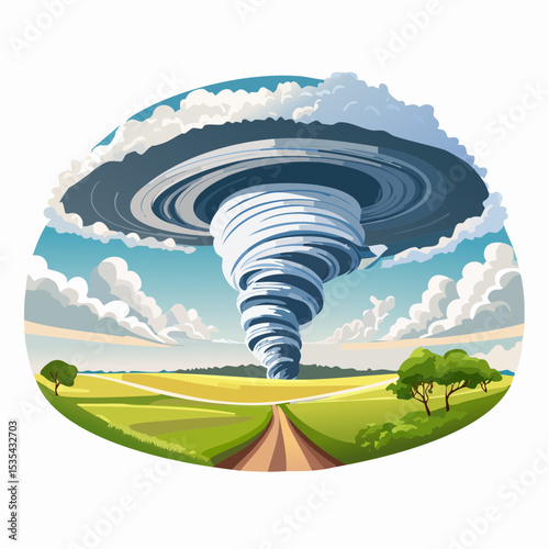 Vector illustration, Incredible supercell spinning across wide country, sky full of dark storm clouds