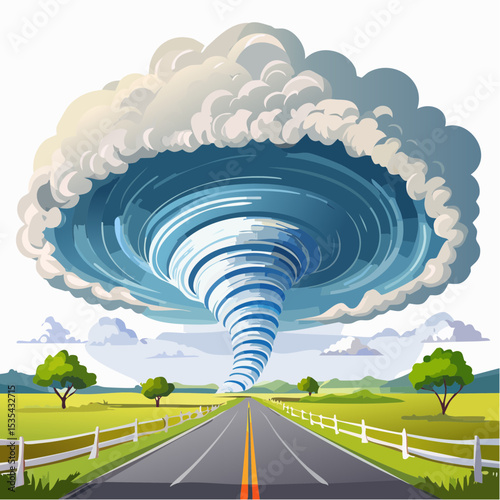 Vector illustration, Incredible supercell spinning across wide country, sky full of dark storm clouds